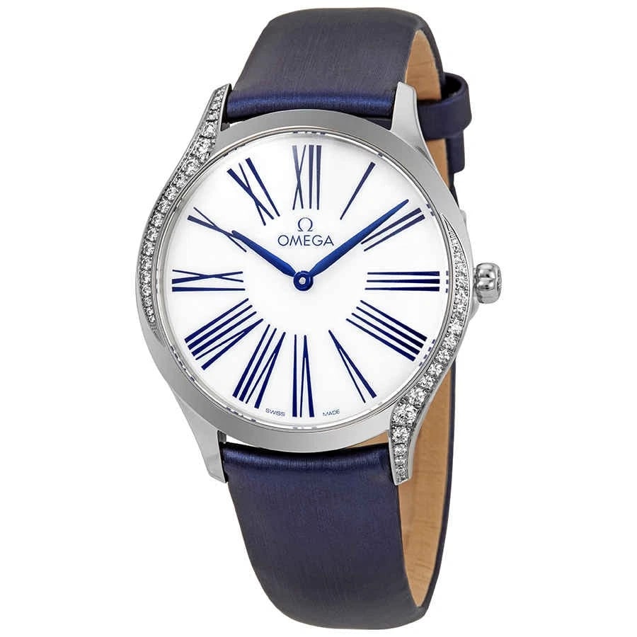OMEGA DE VILLE WHITE DIAL DIAMOND WATCH: Omega De Ville White Dial Diamond Watch Brand: OMEGA Type: Wristwatch Material: Band Material Leather, Fabric, Case Material Stainless Steel Color: Band Color Blue, Dial Color White Size: Case Siz