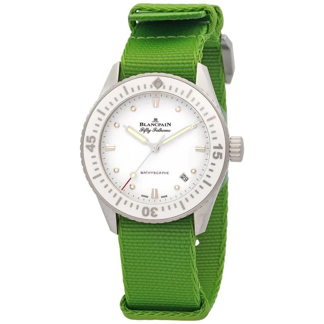 BLANCPAIN FATHOMS BATHYSCAPHE AUTOMATIC WHITE DIAL WATCH: Blancpain Fathoms Bathyscaphe Automatic White Dial Watch Brand: Blancpain Type: Wristwatch Material: Band Material Fabric, Case Material Stainless Steel Color: Band Color Green, Dial Color White S