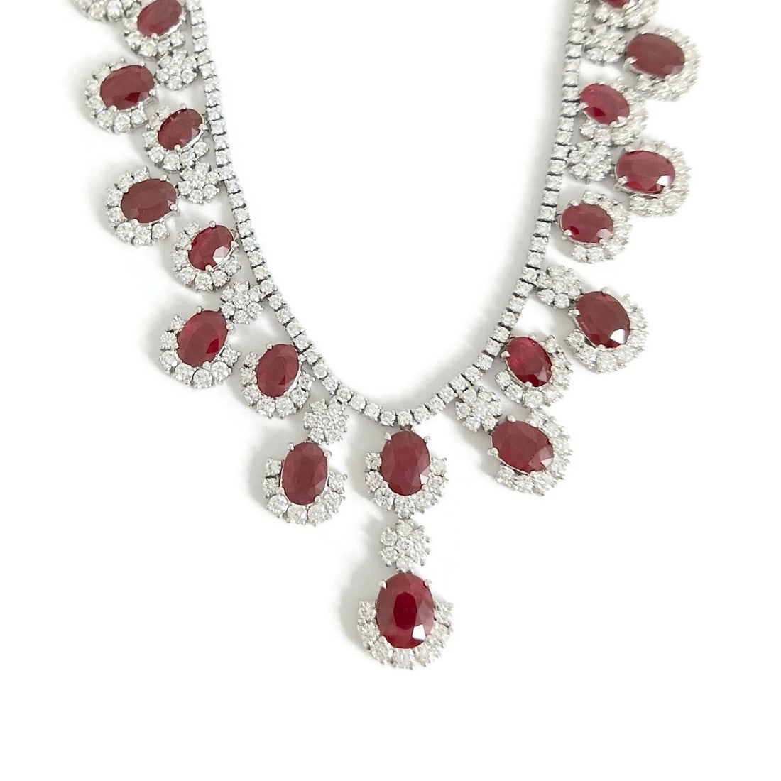 OVAL RUBY DIAMOND HALO GEMSTONE FESTOON BIB NECKLACE (1 of 4)