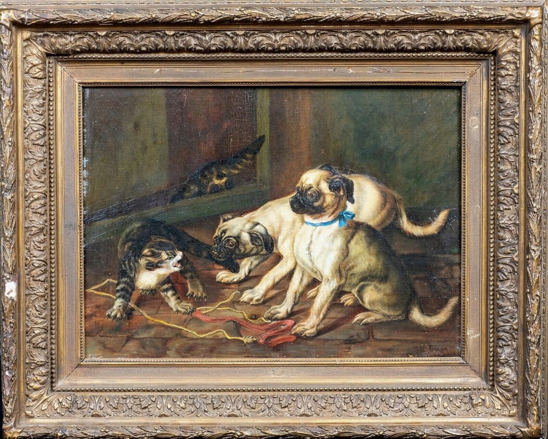 PUG PUPPIES & TABBY CAT OIL PAINTING (1 of 11)