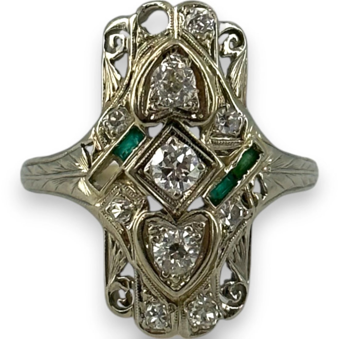 ART DECO ERA ANTIQUE CUT DINNER RING: Art Deco Era Antique Cut Dinner Ring Brand: Unbranded Type: Ring Material: 18kWhite Gold, Color: White Size: 5.25 US Accessories: None Accessories Notice: When purchasing pre-owned goods,