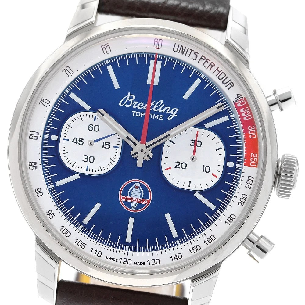 BREITLING TOP TIME SHELBY COBRA AUTOMATIC WATCH: BREITLING Top Time Shelby Cobra Automatic Watch Brand: BREITLING Type: Wristwatch Material: Band Material leather, Case Material Stainless Steel Color: Band Color Brown, Case Color Silver, Dial Col