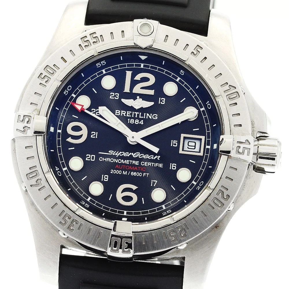 BREITLING SUPER OCEAN STEEL FISH DATE BLACK DIAL AUTOMATIC WATCH: BREITLING Super Ocean Steel Fish Date black Dial Automatic Brand: BREITLING Type: Wristwatch Material: Band Material rubber, Case Material Stainless Steel Color: Band Color black, Case Color Silver