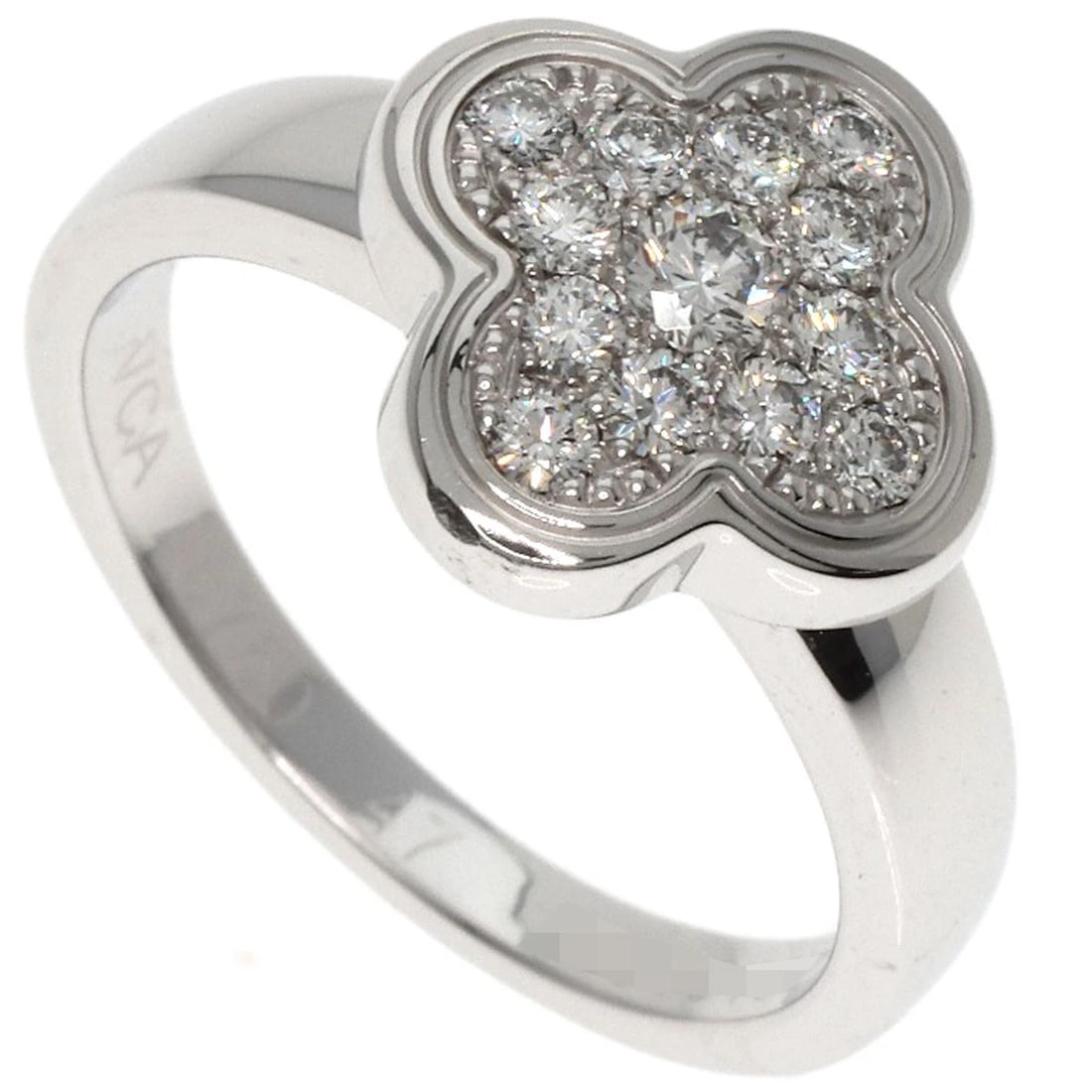 VAN CLEEF & ARPELS PURE ALHAMBRA SMALL MODEL DIAMOND RING: Van Cleef & Arpels Pure Alhambra Small Model Diamond Ring Brand: Van Cleef & Arpels Type: Ring Material: K18 White Gold, Main Stone Creation Natural Color: Silver Size: 4.25(US) Accessories: None