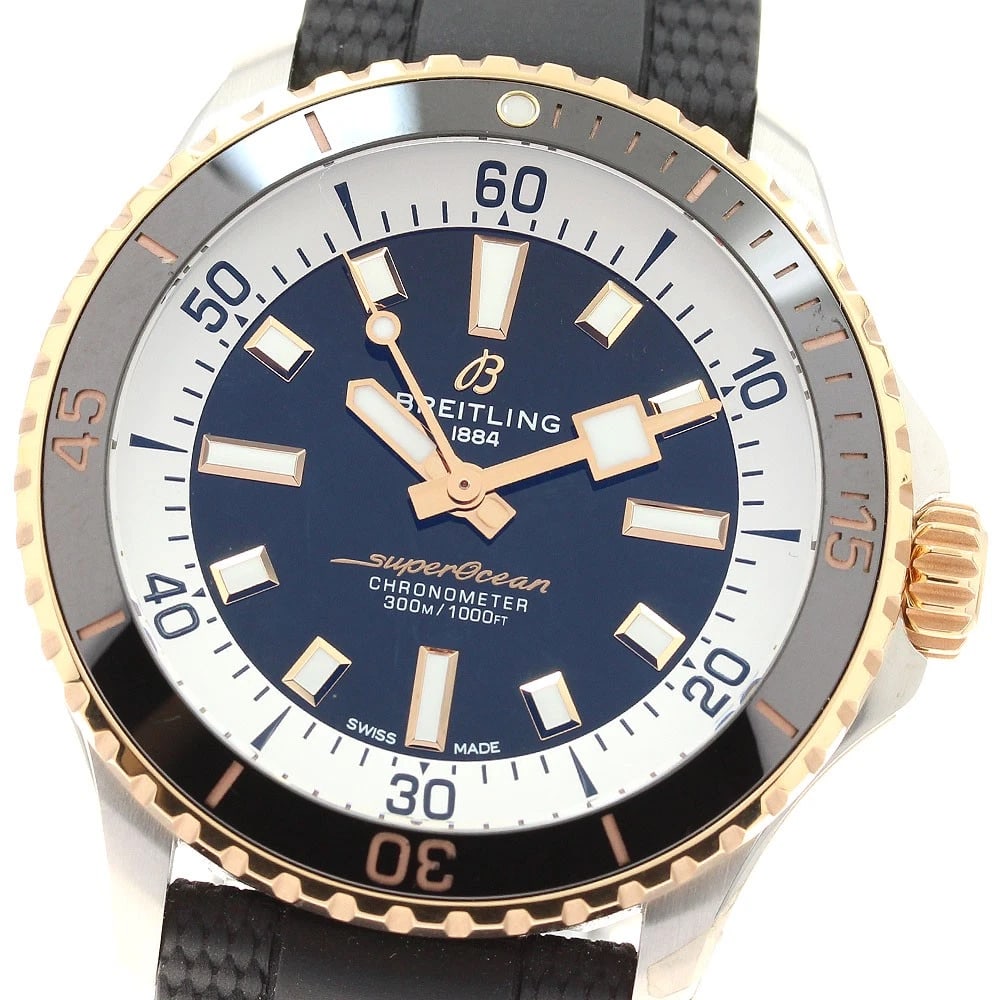 BREITLING SUPER OCEAN BEZEL AUTOMATIC WATCH: BREITLING Super Ocean bezel Automatic Watch Brand: BREITLING Type: Wristwatch Material: Band Material rubber, Case Material Stainless Steel/PG Color: Band Color black, Case Color Silver / Pink Gold