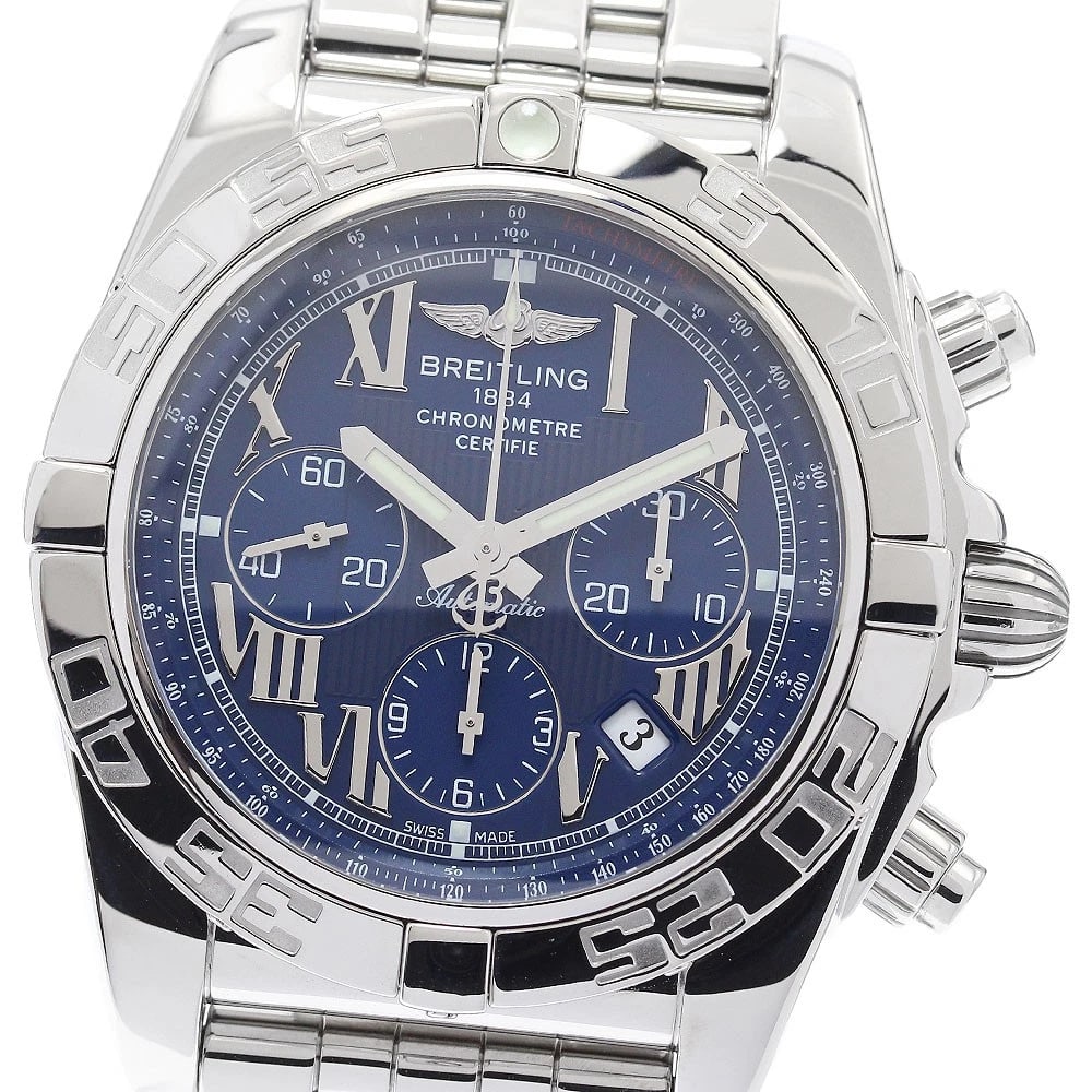BREITLING CHRONOMAT 44 CHRONOGRAPH DATE BLUE DIAL AUTOMATIC WATCH: BREITLING Chronomat 44 Chronograph Date blue Dial Automatic Brand: BREITLING Type: Wristwatch Material: Band Material Stainless Steel, Case Material Stainless Steel Color: Band Color Silver, Case C