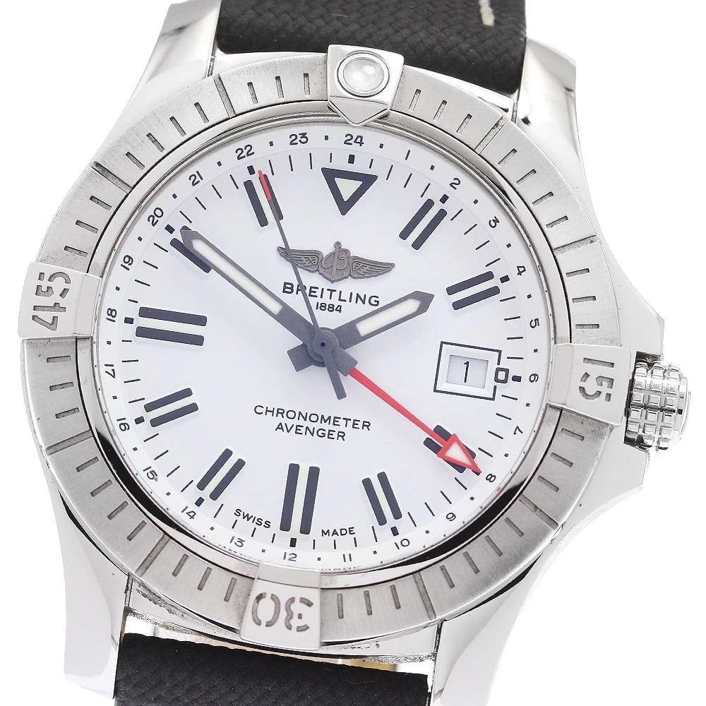 BREITLING AVENGER AUTOMATIC 43 GMT DATE WHITE DIAL AUTOMATIC WATCH: BREITLING Avenger Automatic 43 GMT date white Dial Automatic Brand: BREITLING Type: Wristwatch Material: Band Material Nylon / leather, Case Material Stainless Steel Color: Band Color Black / yello