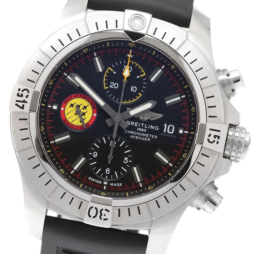 BREITLING AVENGER CHRONOGRAPH 45 SWISS WATCH: BREITLING Avenger Chronograph 45 Swiss Brand: BREITLING Type: Wristwatch Material: Band Material rubber, Case Material Stainless Steel Color: Band Color black, Case Color Silver, Dial Color black