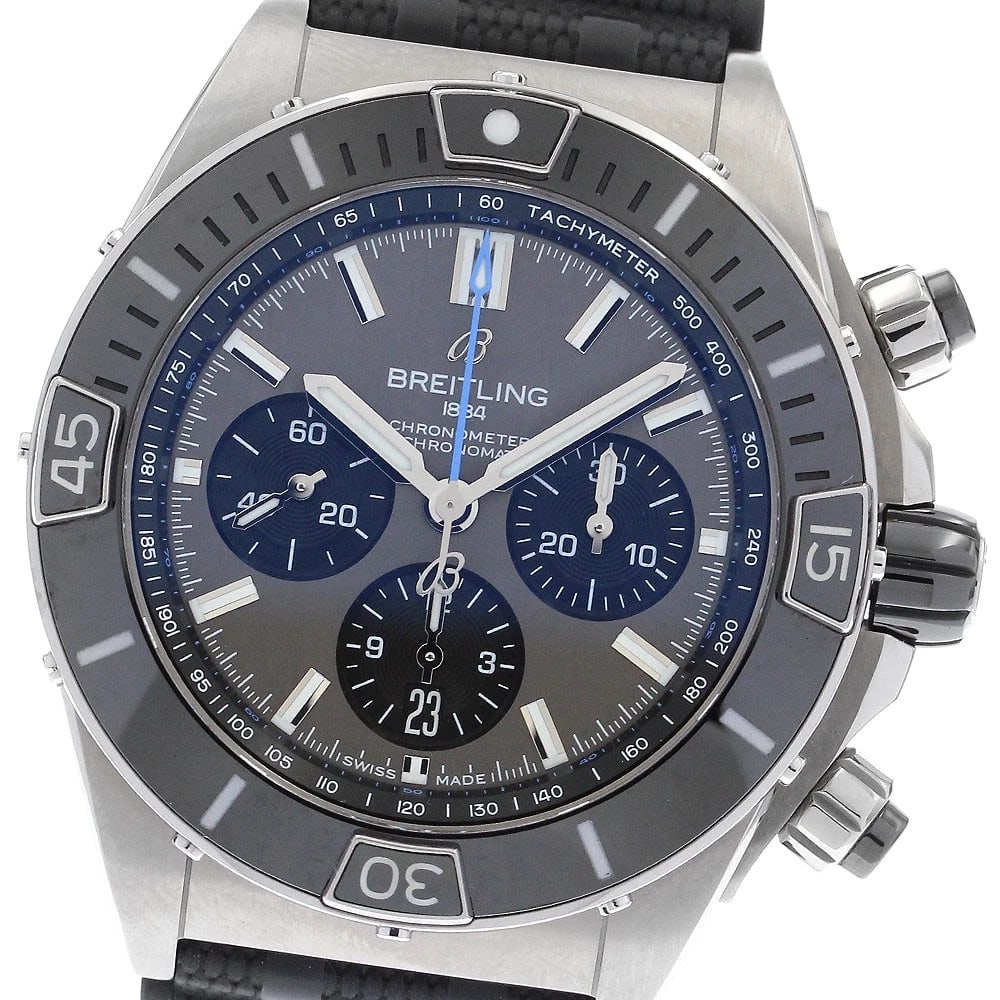 BREITLING SUPER CHRONOMAT AUTOMATIC WATCH: BREITLING Super Chronomat Automatic Watch Brand: BREITLING Type: Wristwatch Material: Band Material rubber, Case Material titanium Color: Band Color black, Case Color Silver, Dial Color gray Size: