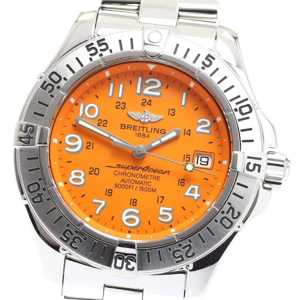 BREITLING SUPER OCEAN DATE ORANGE DIAL AUTOMATIC WATCH: BREITLING Super Ocean Date Orange Dial Automatic Watch Brand: BREITLING Type: Wristwatch Material: Band Material Stainless Steel, Case Material Stainless Steel Color: Band Color Silver, Case Color