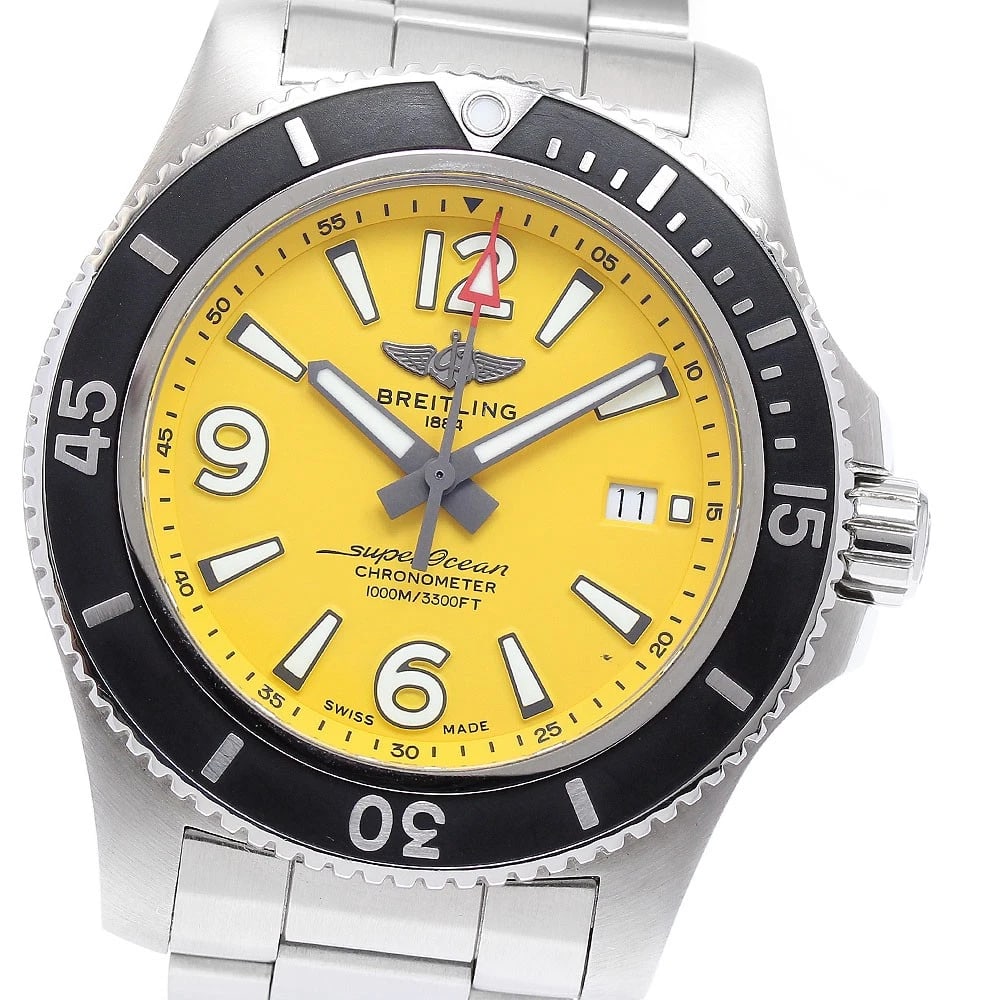 BREITLING SUPER OCEAN YELLOW DIAL AUTOMATIC WATCH: BREITLING Super Ocean yellow Dial Automatic Watch Brand: BREITLING Type: Wristwatch Material: Band Material Stainless Steel, Case Material Stainless Steel Color: Band Color Silver, Case Color Silve