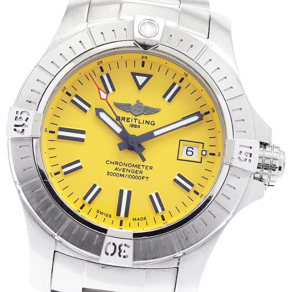 BREITLING AVENGER AUTOMATIC 45 DATE YELLOW DIAL AUTOMATIC WATCH: BREITLING Avenger Automatic 45 Date yellow Dial Automatic Brand: BREITLING Type: Wristwatch Material: Band Material Stainless Steel, Case Material Stainless Steel Color: Band Color Silver, Case Col