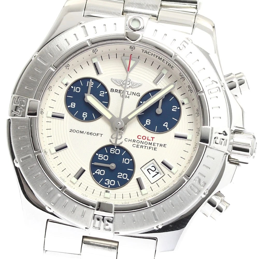 BREITLING COLT CHRONOGRAPH SILVER / NAVY DIAL QUARTZ WATCH: BREITLING Colt Chronograph Silver / Navy Dial Quartz Watch Brand: BREITLING Type: Wristwatch Material: Band Material Stainless Steel, Case Material Stainless Steel Color: Band Color Silver, Case Co