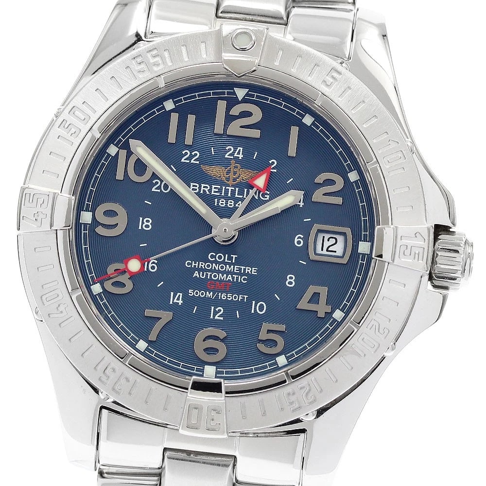 BREITLING COLT GMT BLUE DIAL AUTOMATIC WATCH: BREITLING Colt GMT blue Dial Automatic Watch Brand: BREITLING Type: Wristwatch Material: Band Material Stainless Steel, Case Material Stainless Steel Color: Band Color Silver, Case Color Silver, Di