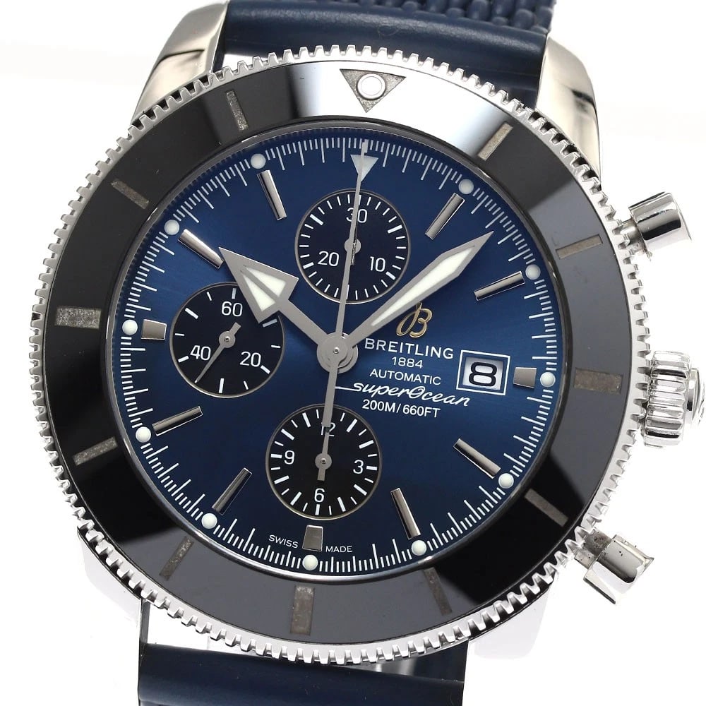 BREITLING SUPER OCEAN CHRONOGRAPH AUTOMATIC WATCH: BREITLING Super Ocean Chronograph Automatic Watch Brand: BREITLING Type: Wristwatch Material: Band Material rubber, Case Material Stainless Steel Color: Band Color Navy, Case Color Silver, Dial Col
