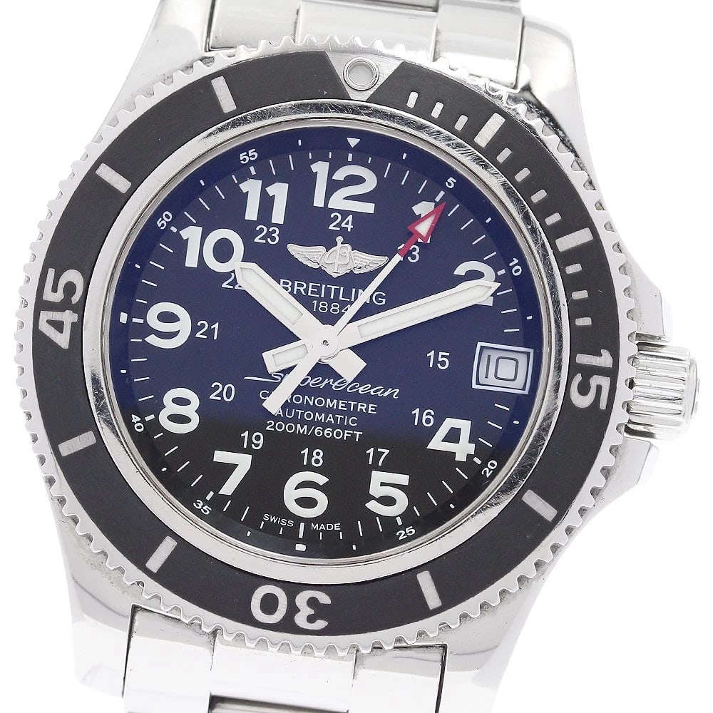 BREITLING SUPER OCEAN 2 36 DATE BLACK DIAL WATCH: BREITLING Super Ocean 2 36 Date black Dial Watch Brand: BREITLING Type: Wristwatch Material: Band Material Stainless Steel, Case Material Stainless Steel Color: Band Color Silver, Case Color Silver