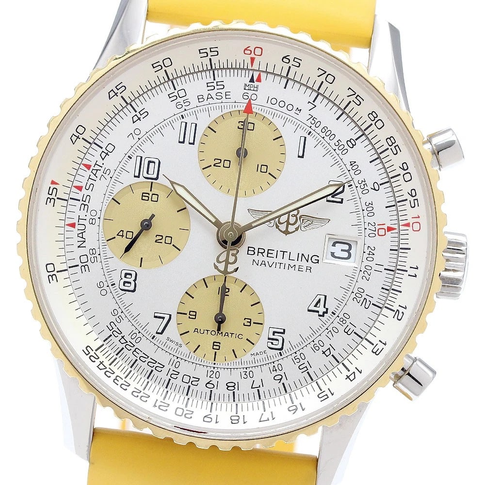BREITLING NAVITIMER CHRONOGRAPH YG BEZEL DIAL WATCH: BREITLING Navitimer Chronograph YG bezel Dial Watch Brand: BREITLING Type: Wristwatch Material: Band Material rubber, Case Material Stainless Steel/YG Color: Band Color yellow, Case Color Silver /