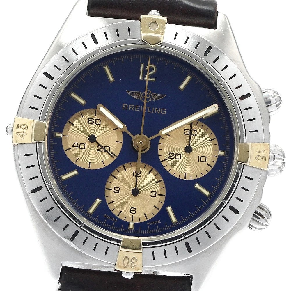 BREITLING CALLISTO CHRONOGRAPH BLUE DIAL WATCH: BREITLING Callisto Chronograph blue Dial Watch Brand: BREITLING Type: Wristwatch Material: Band Material leather, Case Material Stainless Steel/YG Color: Band Color Brown, Case Color Silver / Gold,