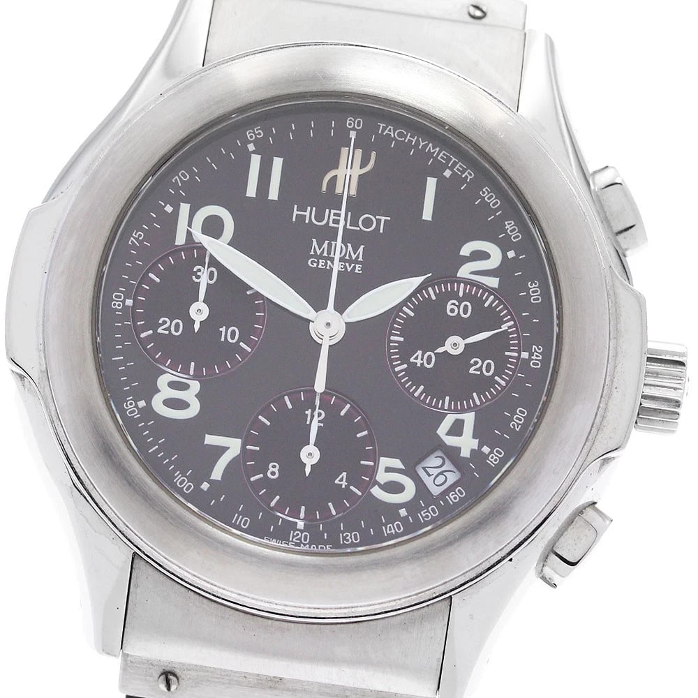 HUBLOT MDM DATE CHRONOGRAPH PURPLE DIAL AUTOMATIC WATCH: HUBLOT MDM Date Chronograph purple Dial Automatic Watch Brand: HUBLOT Type: Wristwatch Material: Band Material rubber, Case Material Stainless Steel Color: Band Color black, Case Color Silver, Dial