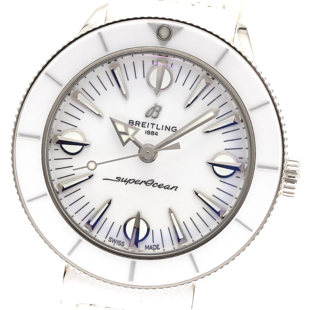 BREITLING SUPER WHITE DIAL AUTOMATIC WATCH: BREITLING Super white Dial Automatic Watch Brand: BREITLING Type: Wristwatch Material: Band Material leather, Case Material Stainless Steel Color: Band Color white, Case Color white, Dial Color whi