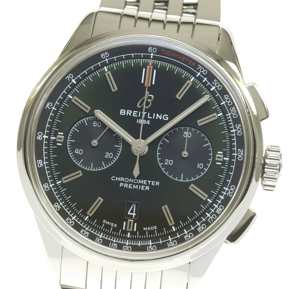 BREITLING PREMIER CHRONOGRAPH GREEN DIAL AUTOMATIC WATCH: BREITLING Premier Chronograph Green Dial Automatic Watch Brand: BREITLING Type: Wristwatch Material: Band Material Stainless Steel, Case Material Stainless Steel Color: Band Color Silver, Case Colo