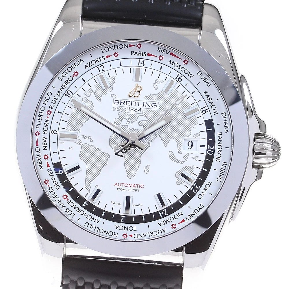 BREITLING GALACTIC UNITIME SLEEK WHITE DIAL AUTOMATIC WATCH: BREITLING Galactic Unitime Sleek White Dial Automatic Watch Brand: BREITLING Type: Wristwatch Material: Band Material rubber, Case Material Stainless Steel Color: Band Color black, Case Color Silve