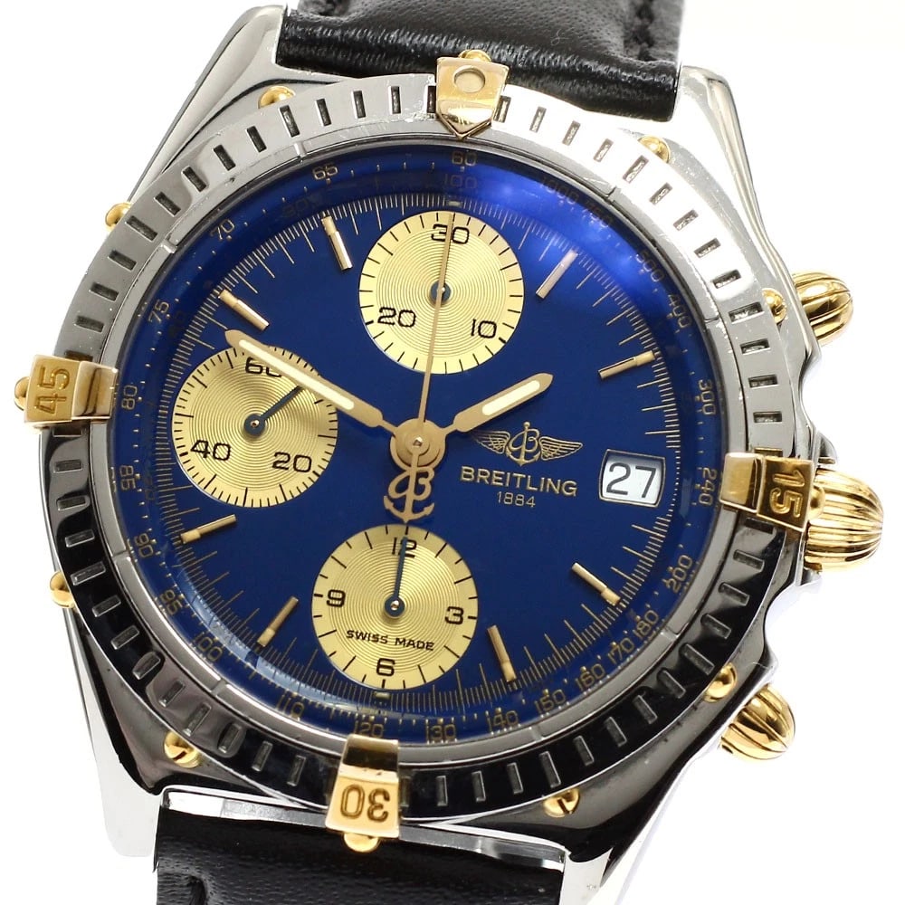 BREITLING CHRONOMAT BIKORO NAVY / GOLD DIAL AUTOMATIC WATCH: BREITLING Chronomat Bikoro Navy / Gold Dial Automatic Watch Brand: BREITLING Type: Wristwatch Material: Band Material leather, Case Material Stainless Steel/YG Color: Band Color black, Case Color S