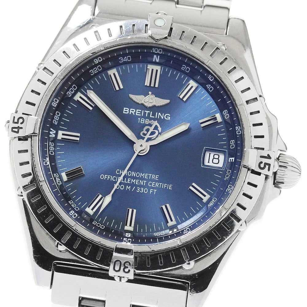 BREITLING WINGS DATE NAVY DIAL AUTOMATIC WATCH: BREITLING Wings Date Navy Dial Automatic Watch Brand: BREITLING Type: Wristwatch Material: Band Material Stainless Steel, Case Material Stainless Steel Color: Band Color Silver, Case Color Silver,