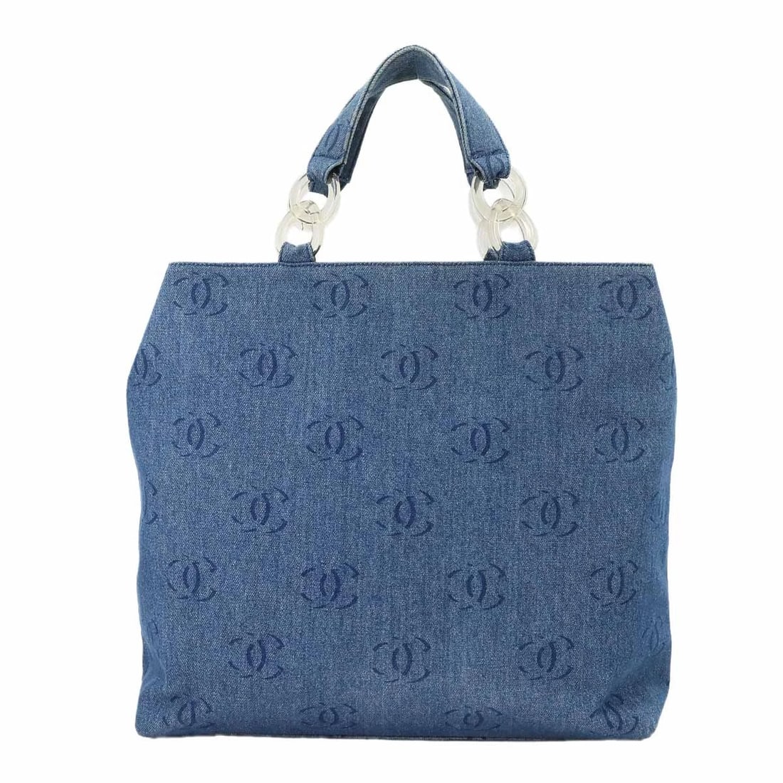 CHANEL PLASTIC CHAIN TOTE BAG DENIM BLUE COCO MARK PURSE: CHANEL Plastic Chain Tote Bag Denim Blue Coco Mark Purse Brand: CHANEL Type: Tote Bag Material: Denim Color: Blue Size: W 14.57 inch, H 14.17 inch, D 4.72 inch Handle 14.6inch (37cm) Accessories: