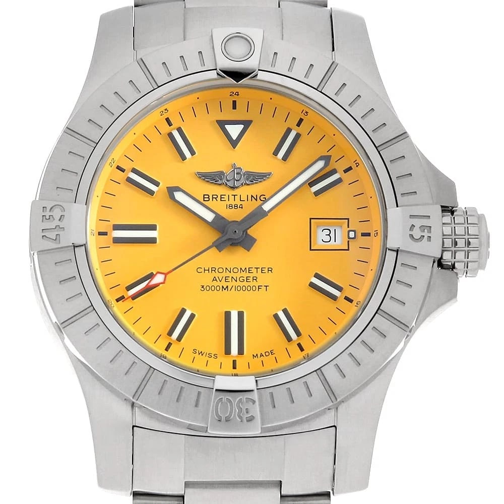 BREITLING AVENGER AUTOMATIC 45 SEAWOLF WATCH: BREITLING Avenger Automatic 45 Seawolf Watch Brand: BREITLING Type: Wrist watch Material: Band Material Stainless Steel, Case Material Stainless Steel Color: Yellow Size: Band Size 20cm (7.9inch),