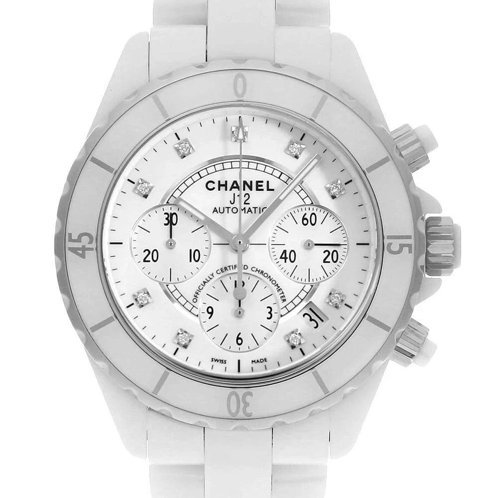 CHANEL J12 CHRONOGRAPH 9P DIAMOND SECOND HAND WATCH: CHANEL J12 Chronograph 9P Diamond second hand Watch Brand: CHANEL Type: Wrist watch Material: Band Material Ceramic, Case Material Ceramic Color: White Size: Band Size 19cm (7.5inch), Case Size Di