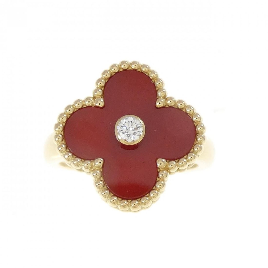 VAN CLEEF & ARPELS ALHAMBRA RING: Van Cleef & Arpels Alhambra Ring Brand: Van Cleef & Arpels Type: Ring Material: 750 Yellow Gold, Main Stone Creation Carnelian Color: None Size: 5 (US size) Accessories: None Accessories N