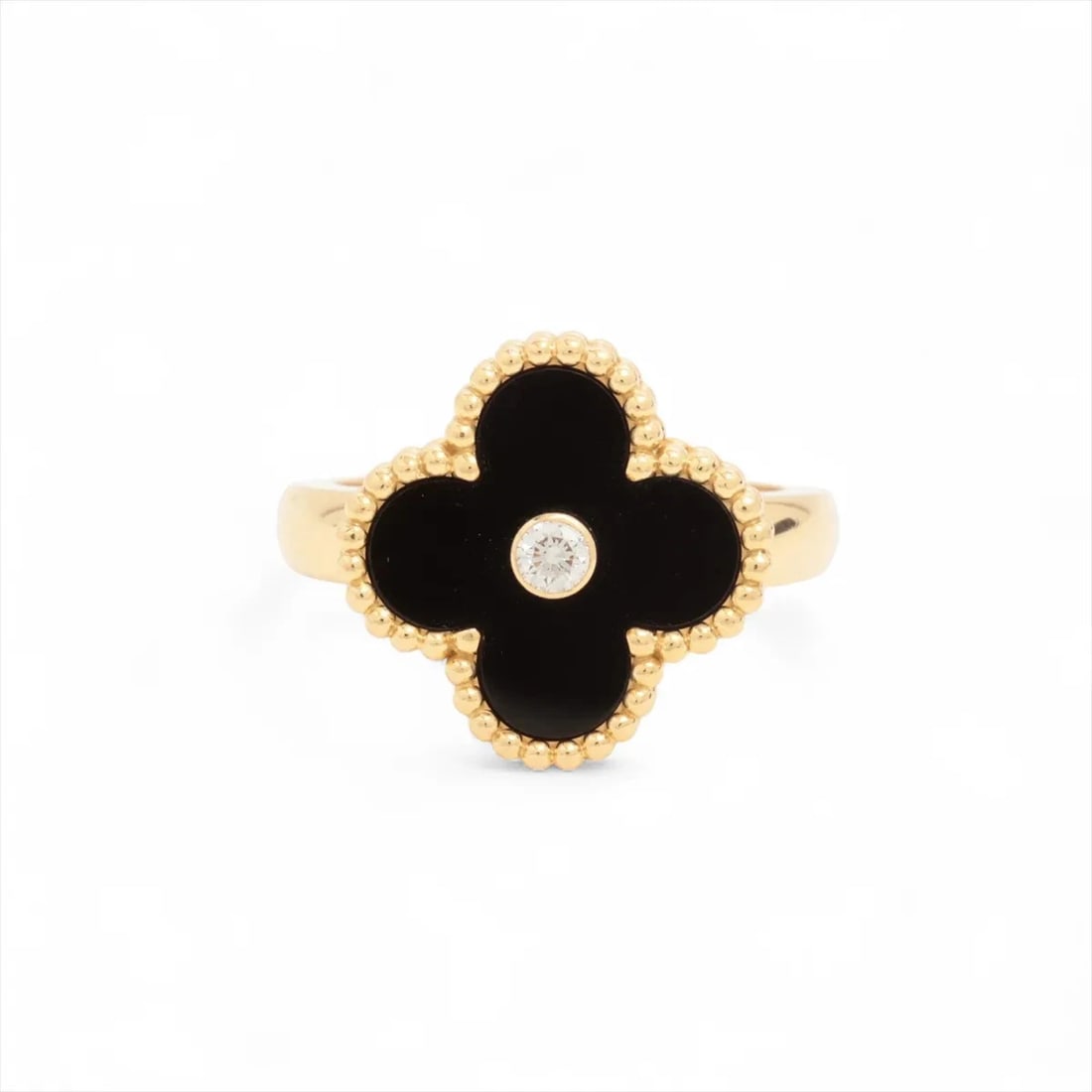 VAN CLEEF & ARPELS VINTAGE ALHAMBRA ONYX DIAMOND RING: Van Cleef & Arpels Vintage Alhambra Onyx diamond Ring Brand: Van Cleef & Arpels Type: Ring Material: 750(YG) Main Stone Natural Color: Not Specified Size: 5.5 - 5.75 US Accessories: None A