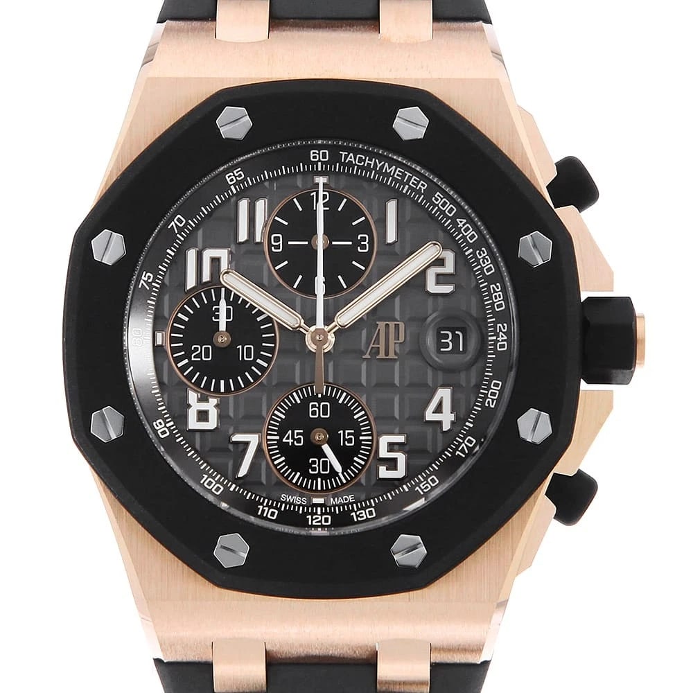 AUDEMARS PIGUET ROYAL OAK OFFSHORE CHRONOGRAPH: AUDEMARS PIGUET Royal Oak Offshore Chronograph Brand: AUDEMARS PIGUET Type: Wrist watch Material: Band Material rubber, Case Material Pink Gold Color: Gray Size: Band Size None, Case Size Case:W42