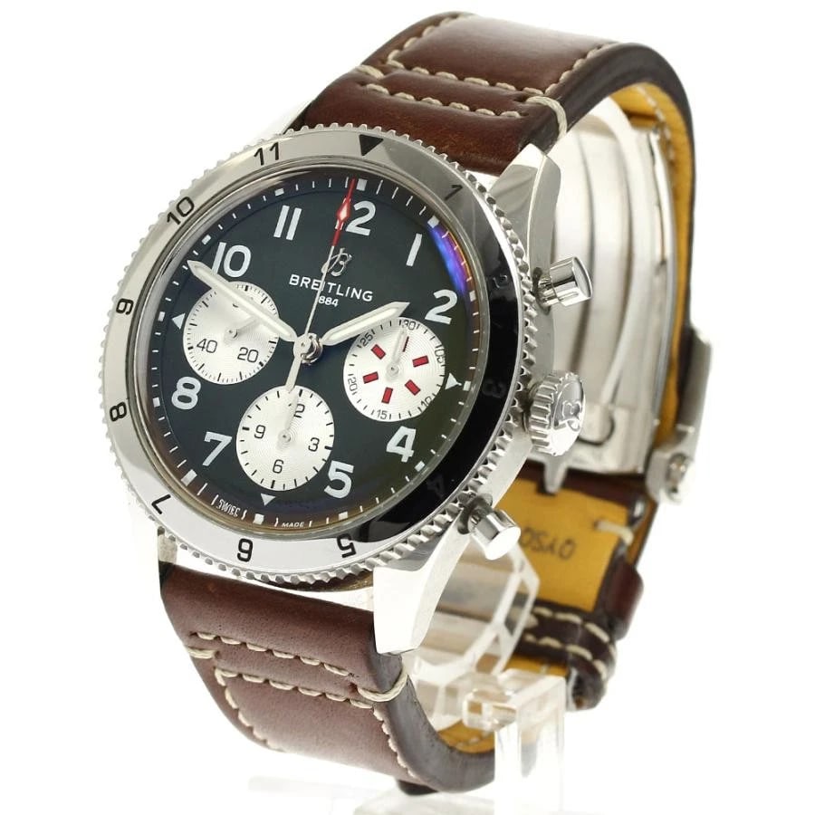 BREITLING CLASSIC SS BLACK DIAL LEATHER STRAP CHRONOGRAPH: BREITLING CLASSIC SS Black Dial Leather Strap Chronograph Brand: BREITLING Type: Wristwatch Material: Stainless steel x leather Color: Dial Color: Black Size: Case Size 41mm Max Wrist Size 20cm Lu