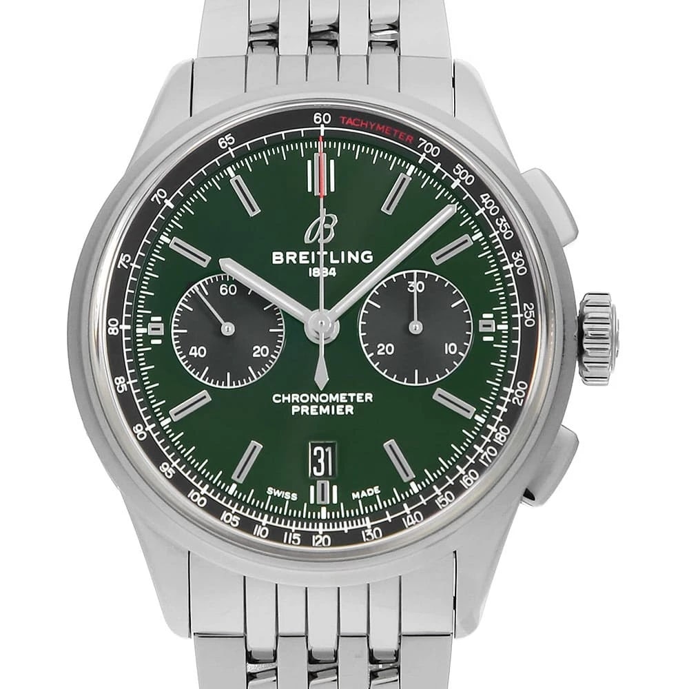 BREITLING PREMIER CHRONOGRAPH BENTLEY: BREITLING Premier Chronograph Bentley Brand: BREITLING Type: Wrist watch Material: Band Material Stainless Steel, Case Material Stainless Steel Color: Green Size: Band Size 20.5cm (8.1inch), Case