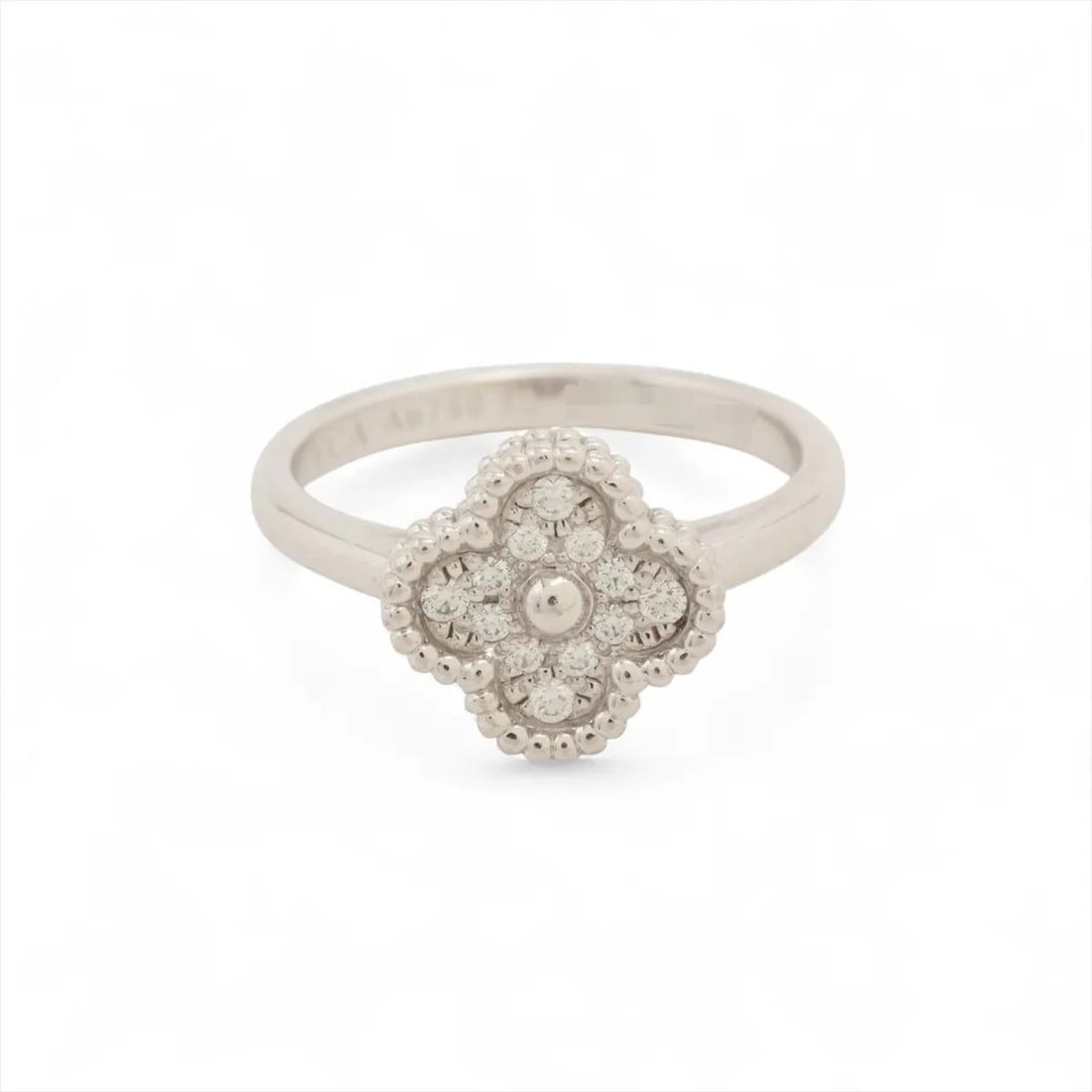 VAN CLEEF & ARPELS SWEET ALHAMBRA DIAMOND RING: Van Cleef & Arpels Sweet Alhambra diamond Ring Brand: Van Cleef & Arpels Type: Ring Material: 750(WG) Main Stone Natural Color: Not Specified Size: 3.25 US Accessories: None Accessories No