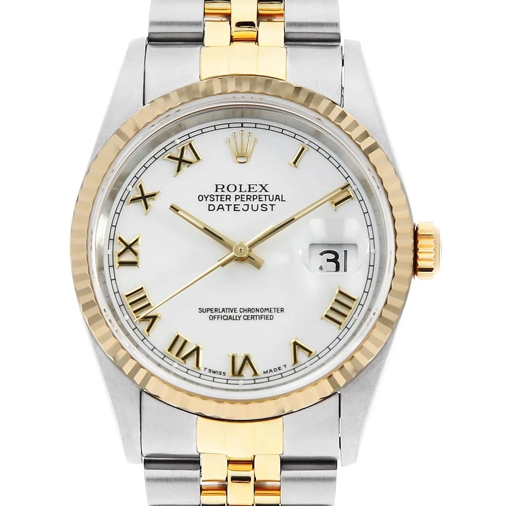 ROLEX DATEJUST WHITE SHANTUNG ROME W: ROLEX Datejust white Shantung Rome W Brand: ROLEX Type: Wrist watch Material: Band Material Stainless Steel/Yellow Gold, Case Material Stainless Steel Color: White Size: Band Size 19.5cm (7.7inch)