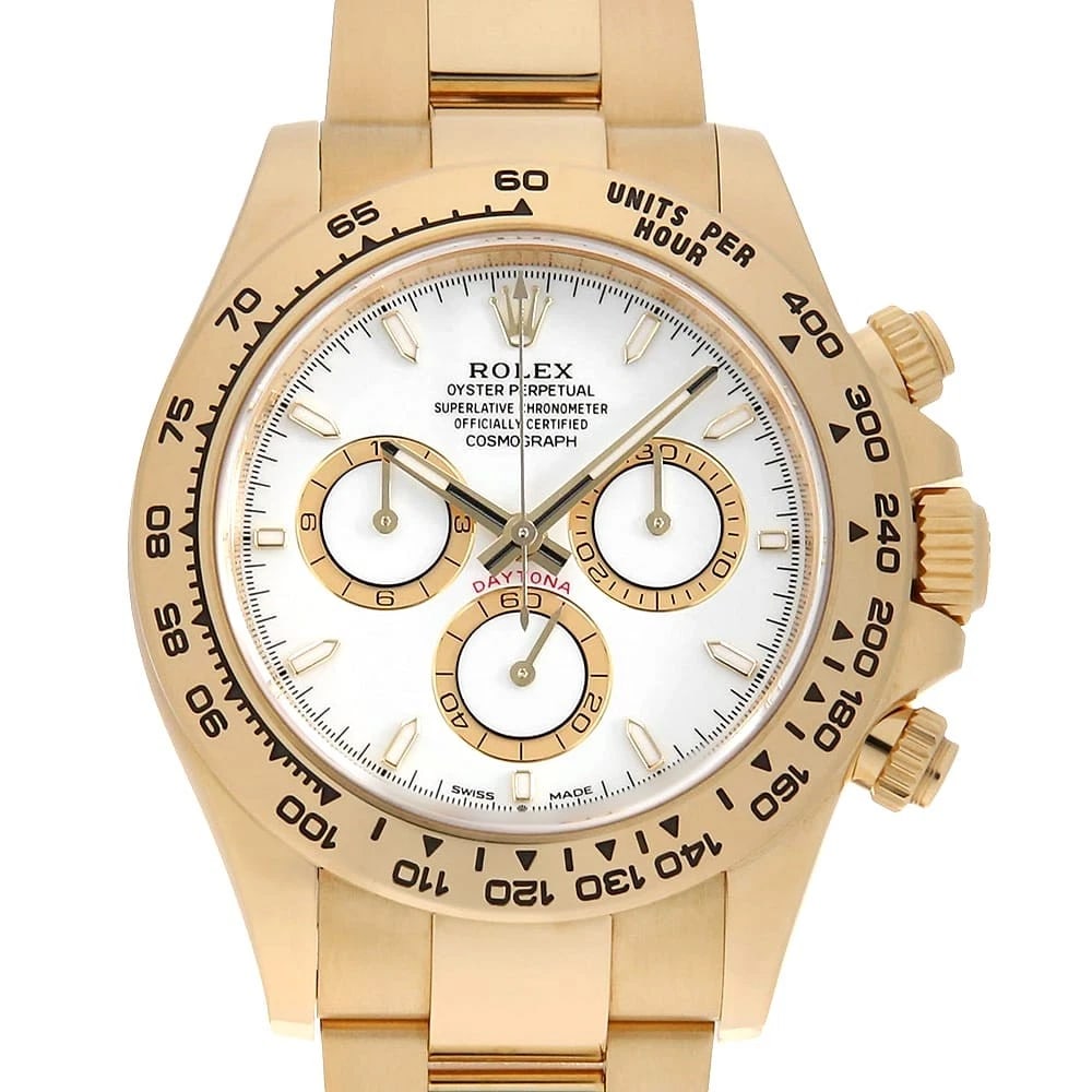 ROLEX COSMOGRAPH DAYTONA WHITE: ROLEX Cosmograph Daytona white Brand: ROLEX Type: Wrist watch Material: Band Material Yellow Gold, Case Material Yellow Gold Color: White Size: Band Size 19cm (7.5inch), Case Size Case:W40mm Circu