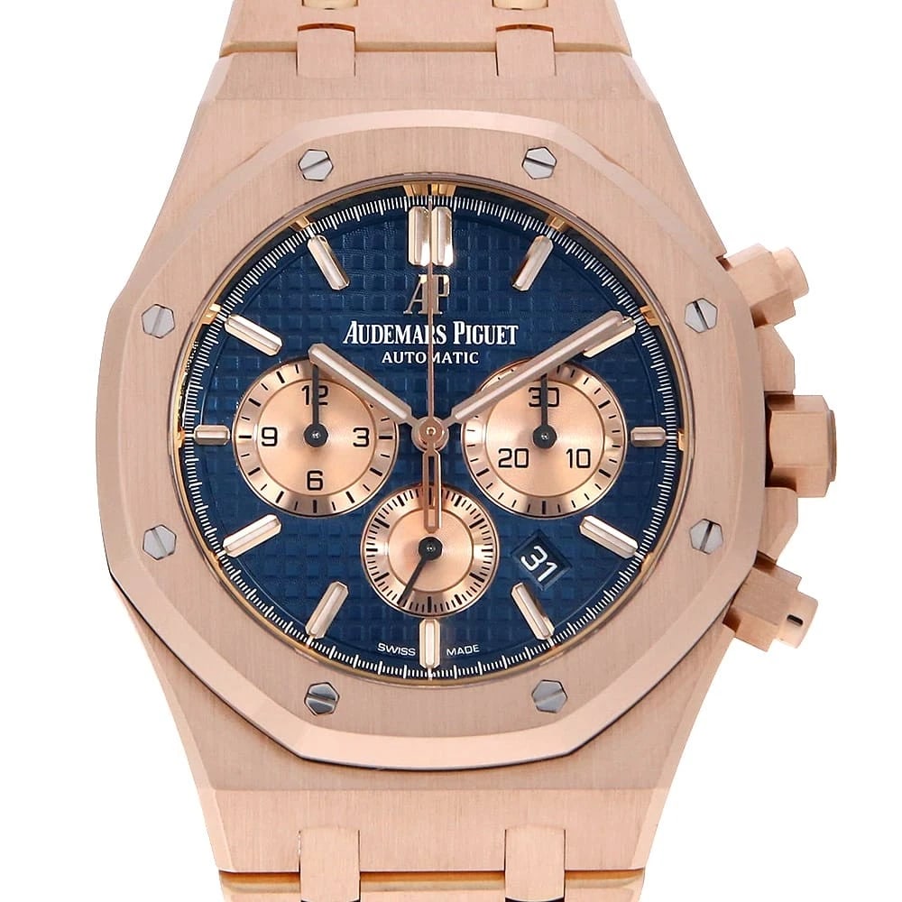 AUDEMARS PIGUET ROYAL OAK CHRONOGRAPH: AUDEMARS PIGUET Royal Oak Chronograph Brand: AUDEMARS PIGUET Type: Wrist watch Material: Band Material Pink Gold, Case Material Pink Gold Color: Blue Size: Band Size 18cm (7.1inch), Case Size Case