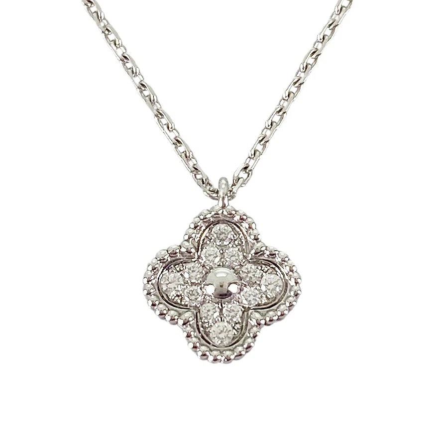 VAN CLEEF & ARPELS SWEET ALHAMBRA WHITE GOLD DIAMOND NECKLACE: Van Cleef & Arpels Sweet Alhambra White gold diamond Necklace Brand: Van Cleef & Arpels Type: Necklace Material: 18K White Gold diamond Main Stone Natural Color: Silver Size: 9.1mm×9.2mm Necklace