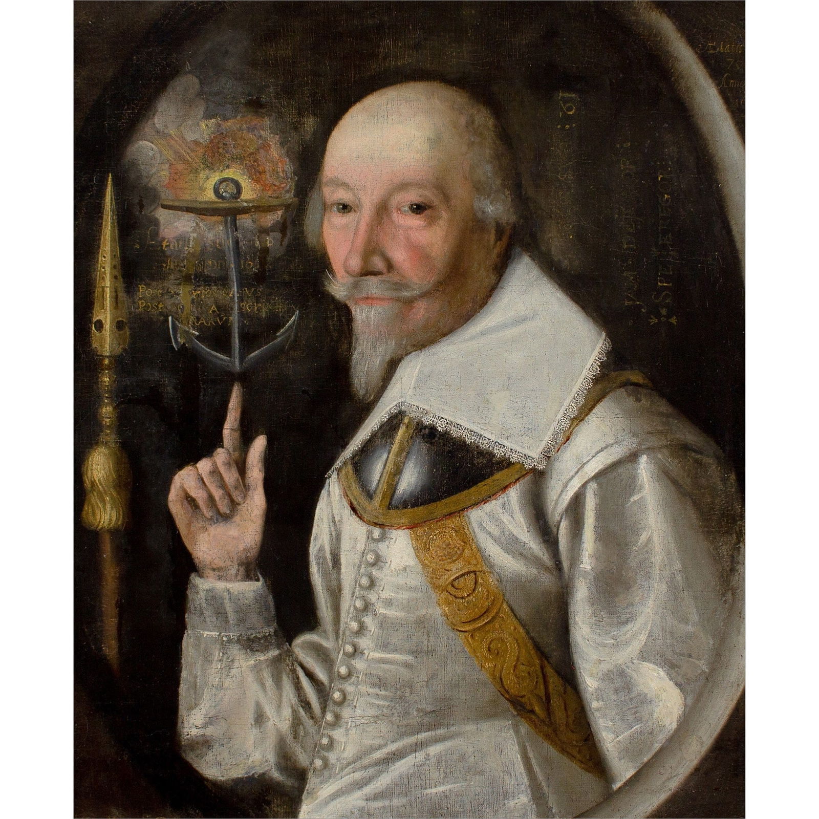 DUTCH SCHOOL IN THE EARLY 17TH CENTURY A SWEDISH OFFICER'S PORTRAIT WITH AN ANCHOR AND CEREMONIAL: Year: c. 1638 Size: 33½” x 38½” / 85cm x 98cm Medium: Oil on canvas Description: This elaborately annotated half-length portrait from the early 17th century shows an officer