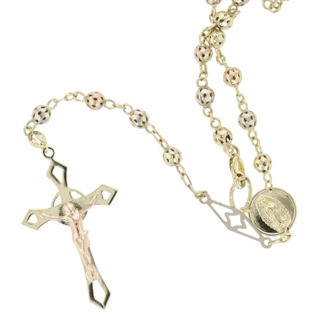 RELIGIOUS ROSARY CROSS BEADED NECKLACE: Religious Rosary Cross Beaded Necklace Brand: Unbranded Type: Necklace Material: 14k Multi-Tone Gold, Color: None Size: Necklace Measurement: 24" Length / 4.1mm Width Bead / 5" Drop Accessories: