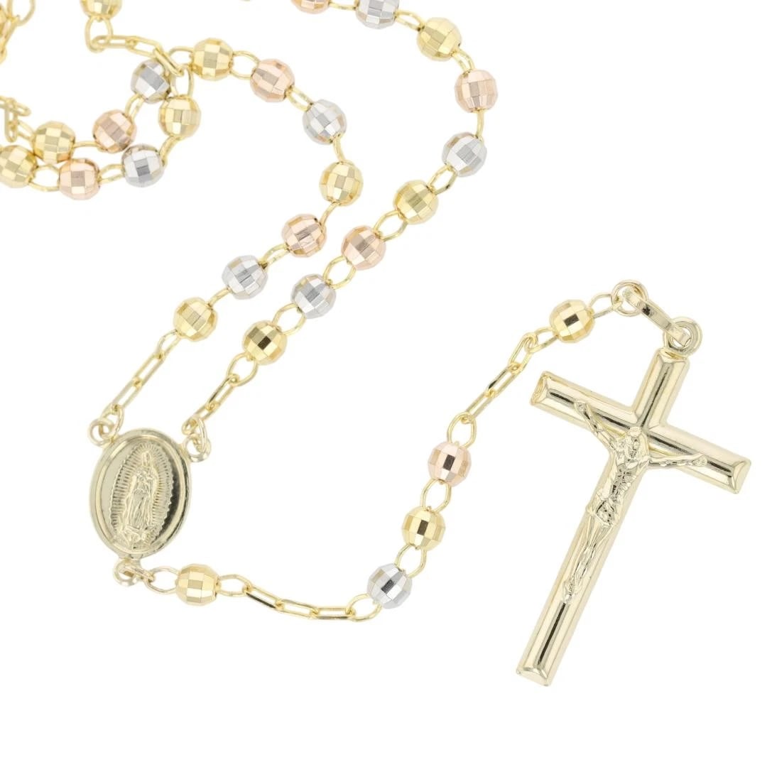 RELIGIOUS ROSARY CROSS BEADED NECKLACE: Religious Rosary Cross Beaded Necklace Brand: Unbranded Type: Necklace Material: 14k Multi-Tone Gold, Color: None Size: Necklace Measurement: 20.25" Length / 3.8mm Width Accessories: None