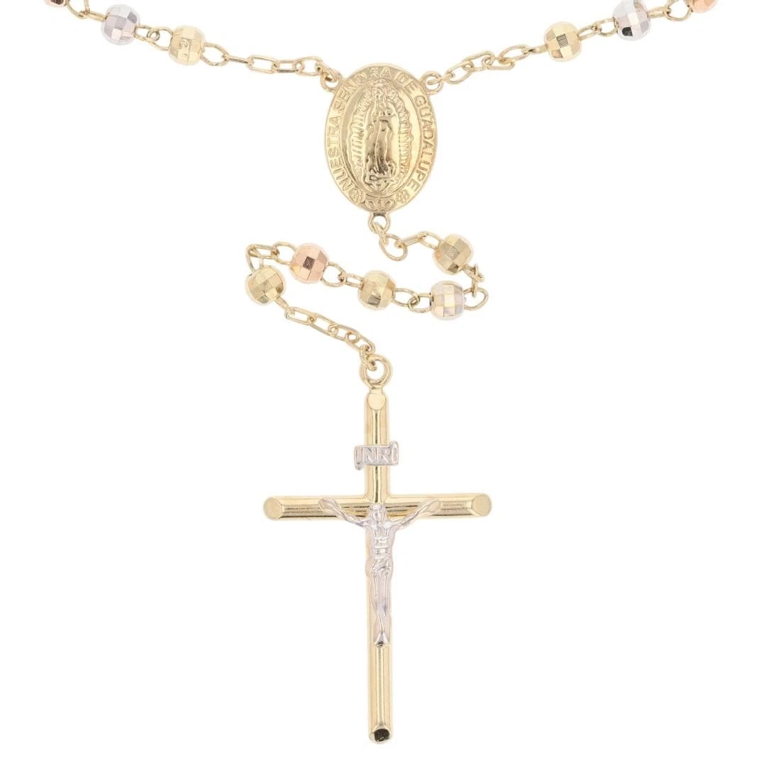 RELIGIOUS BEADED ROSARY NECKLACE: Religious Beaded Rosary Necklace Brand: Unbranded Type: Necklace Material: 14k Multi-Tone Gold, Color: None Size: Necklace Measurement: 21" Length / 3.8mm Width / 4.5" Drop Accessories: None <
