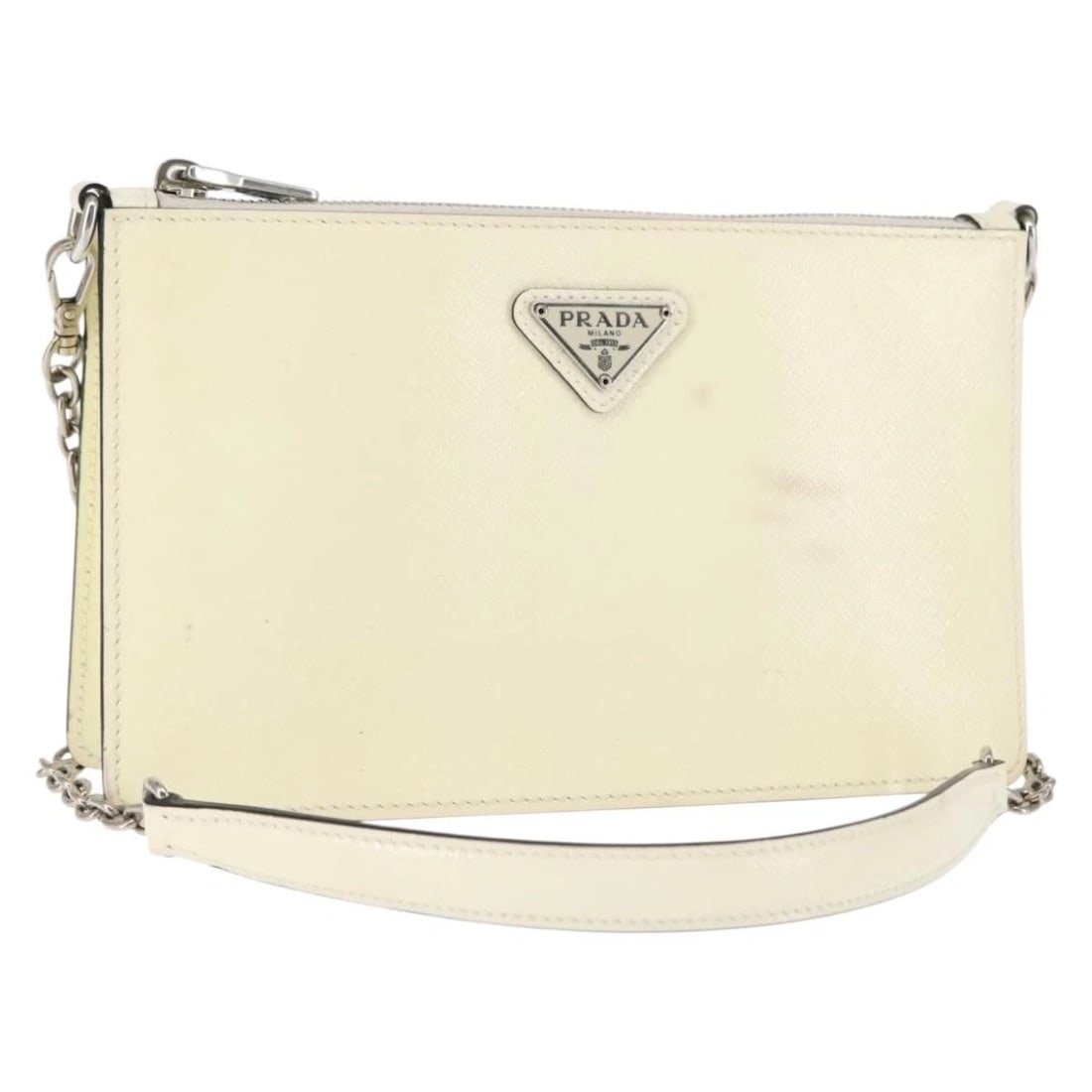 PRADA CHAIN SHOULDER BAG: PRADA Chain Shoulder Bag Brand: PRADA Type: Shoulder Bag Material: Saffiano Leather Color: White / Silver Size: W7.9 x H4.7 x D1.6inch(Approx) Shoulder Drop:20.9inch(Approx) Accessories: None