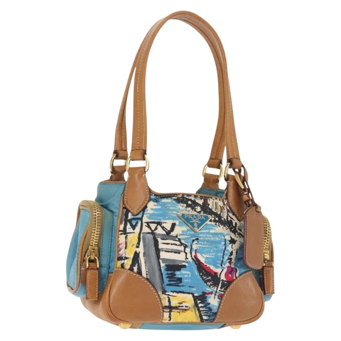 PRADA VENICE HAND BAG NYLON LIGHT BLUE GOLD: PRADA Venice Hand Bag Nylon Light Blue Gold Brand: PRADA Type: Hand Bag Material: Nylon Color: Light Blue / Gold Size: W6.3 x H4.3 x D4.7inch(Approx) Handle Drop:7.9inch(Approx) Accessories: None