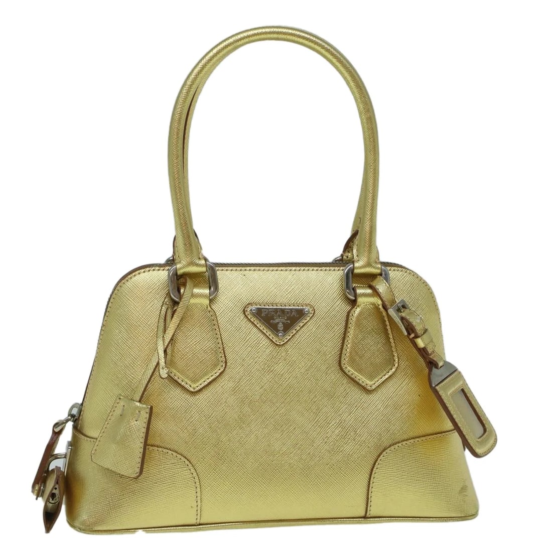 PRADA HAND BAG SAFIANO LEATHER GOLD: PRADA Hand Bag Safiano leather Gold Brand: PRADA Type: Hand Bag Material: Saffiano Leather Color: Gold Size: W10.6 x H6.7 x D3.9inch(Approx) Accessories: None Accessories Notice: When purc