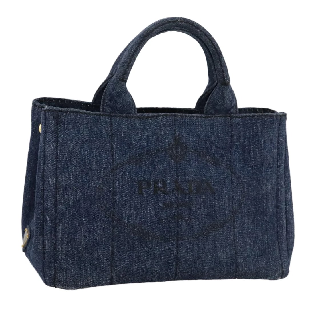 PRADA CANAPA PM HAND BAG DENIM BLUE GOLD: PRADA Canapa PM Hand Bag Denim Blue Gold Brand: PRADA Type: Hand Bag Material: Canvas Color: Blue / Gold Size: W11.0 x H7.1 x D5.5inch(Approx) Handle Drop:4.3inch(Approx) Accessories: None