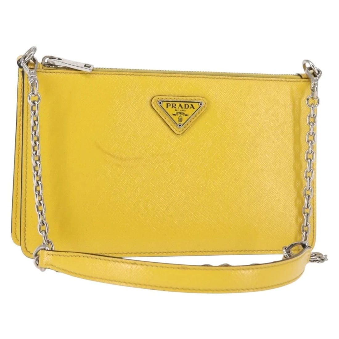 PRADA CHAIN SHOULDER BAG SAFIANO LEATHER YELLOW SILVER: PRADA Chain Shoulder Bag Safiano leather Yellow Silver Brand: PRADA Type: Shoulder Bag Material: Leather/Saffiano Leather Color: Yellow / Silver Size: W7.9 x H4.7 x D1.2inch(Approx) Shoulder Drop: